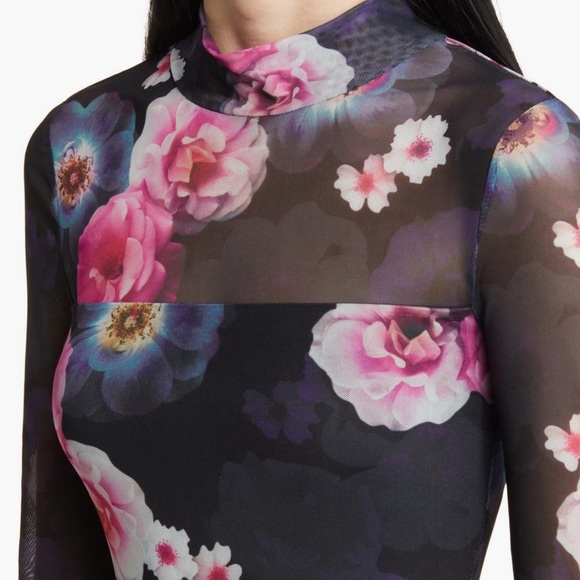 Floral Ruched Mesh Long Sleeve Midi Dress - Picture 4 of 9